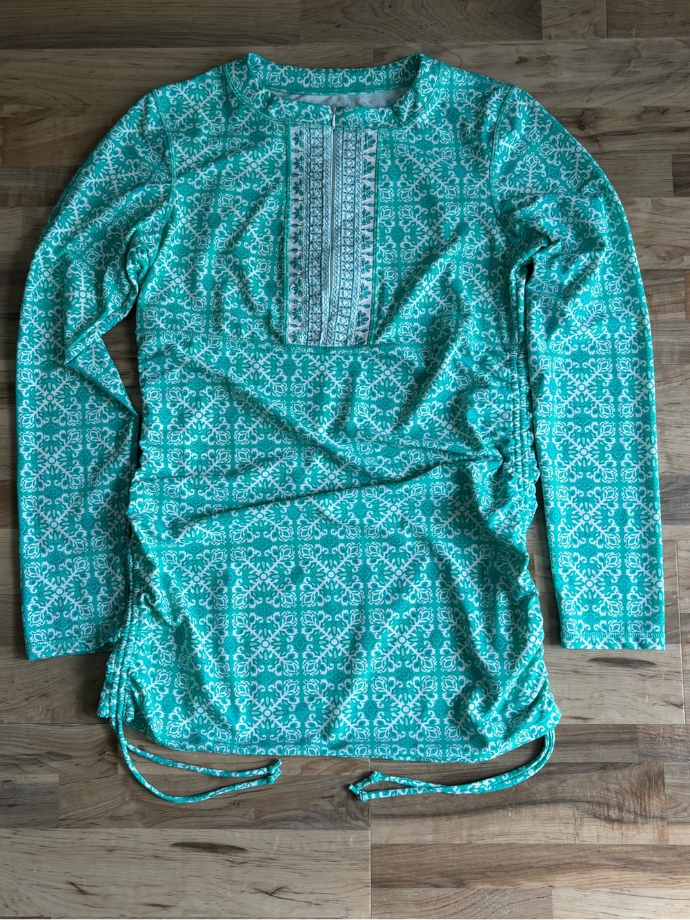 Cabana Life 1/4 Zip Sport Swim Cover Up Dress L Green White Ruched Resort Beach